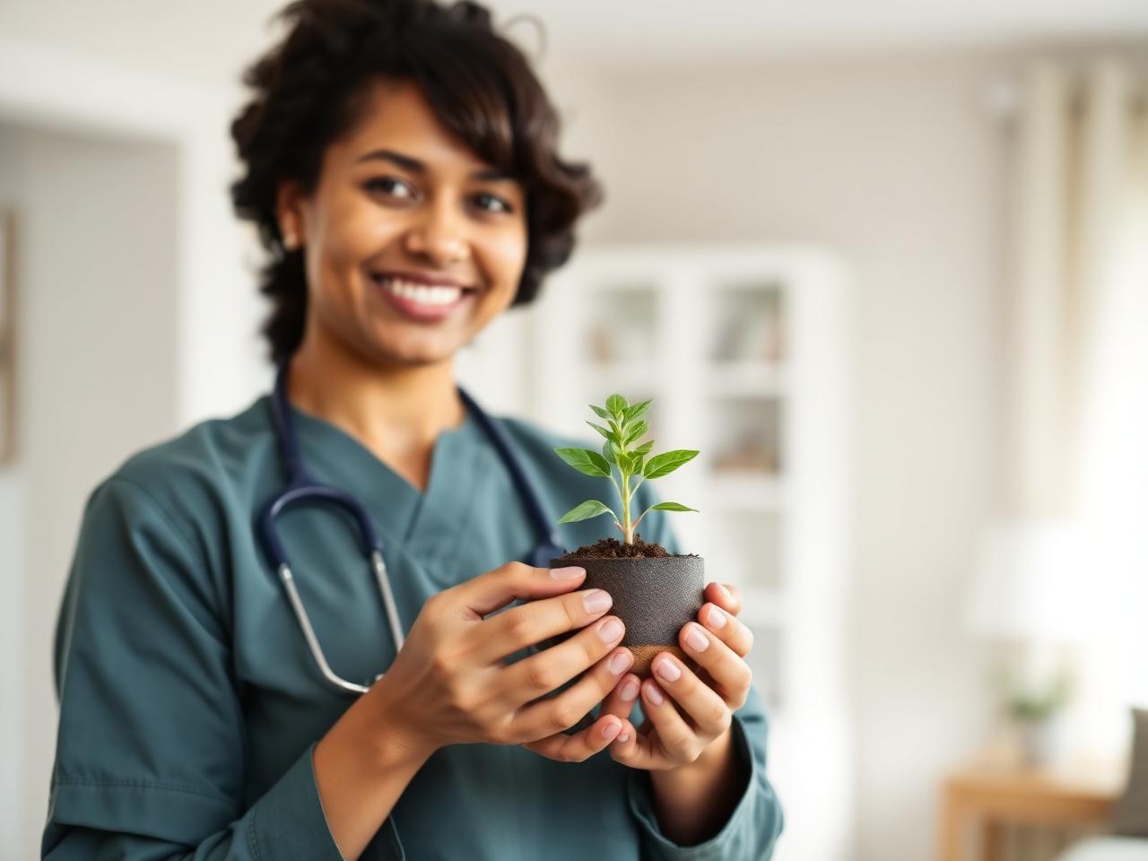A ClearPath care team member holding a young plant, symbolizing career growth through the Academy